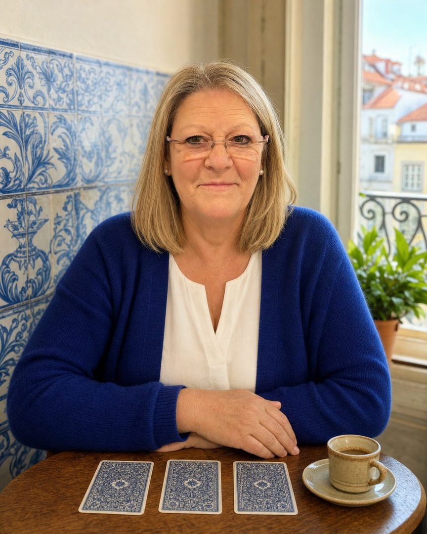 Benedita à mesa, com três cartas de tarot viradas para baixo